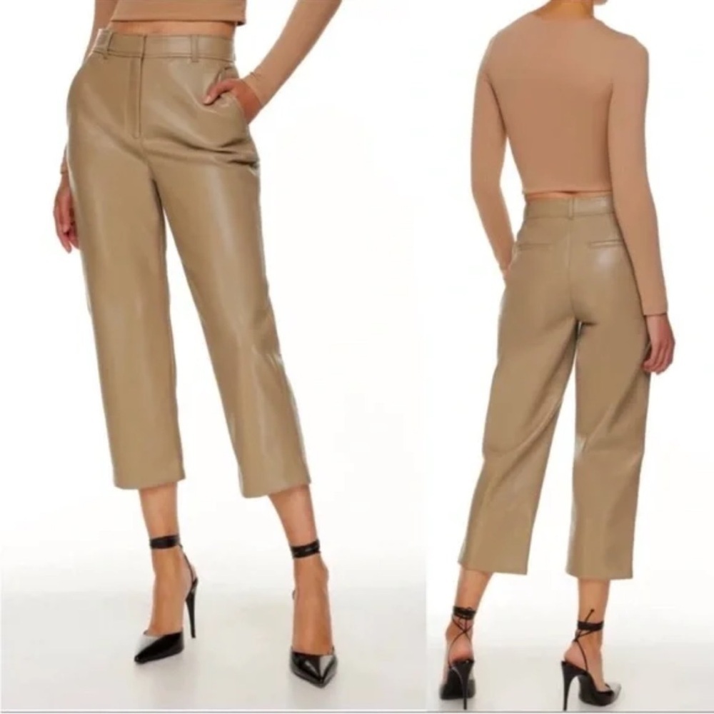 BABATON Aritzia Tan Faux Leather Flat front Ankle Pant Trouser Size 2